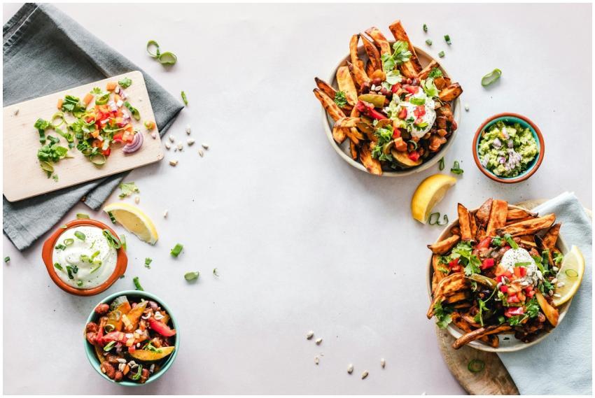 Colorful flat lay featuring sweet potato fries, gu