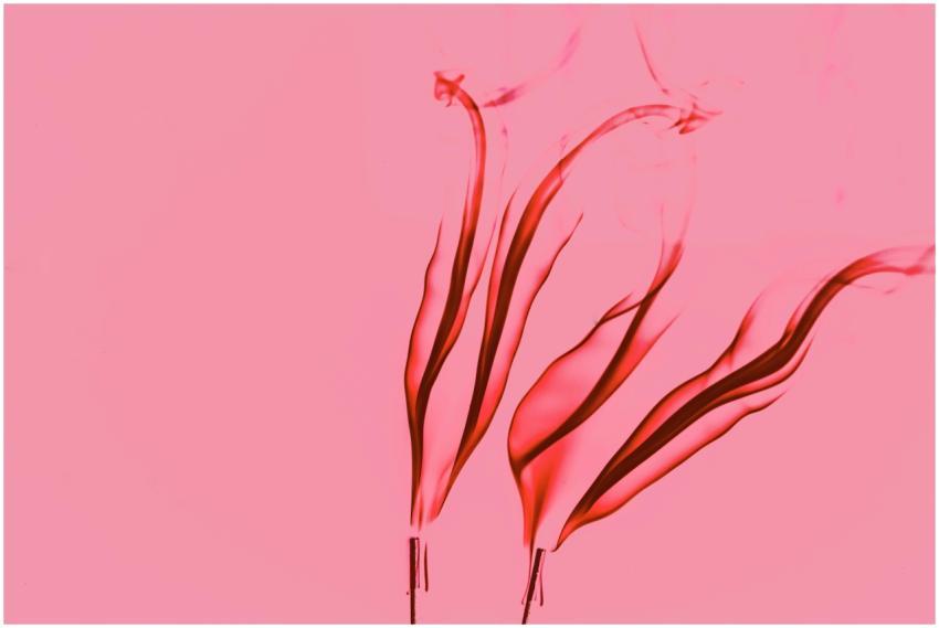 Vibrant red smoke swirls elegantly against a soft