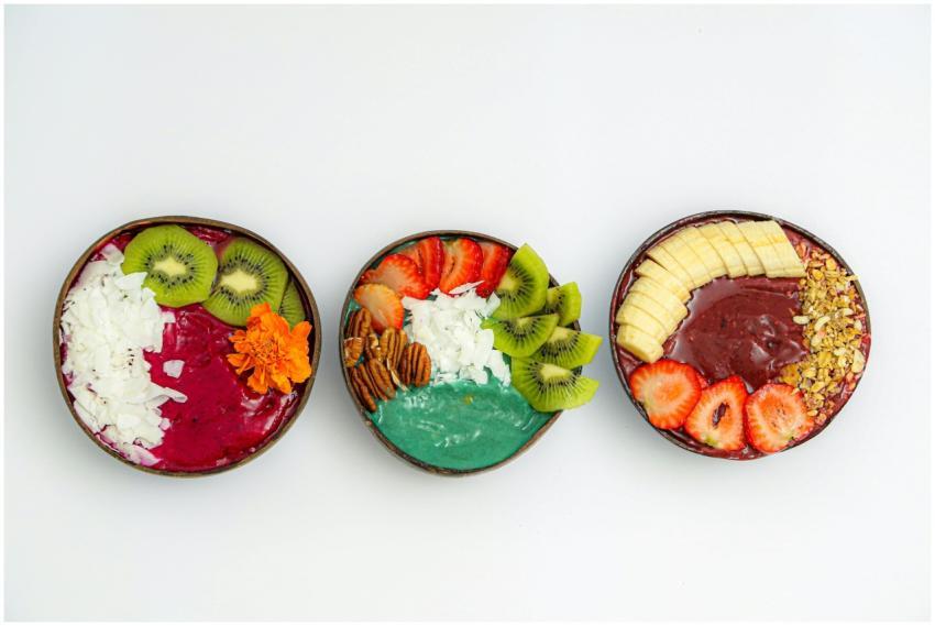 Delicious and colorful smoothie bowls topped with