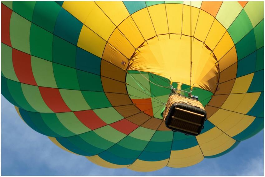 Colorful hot air balloon with basket, viewed from