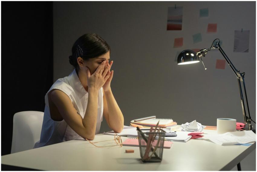 A stressed businesswoman rubs her eyes at a clutte