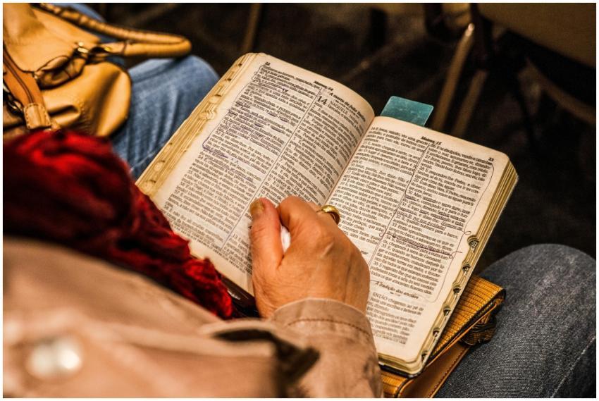A person reading a Bible indoors, symbolizing spir