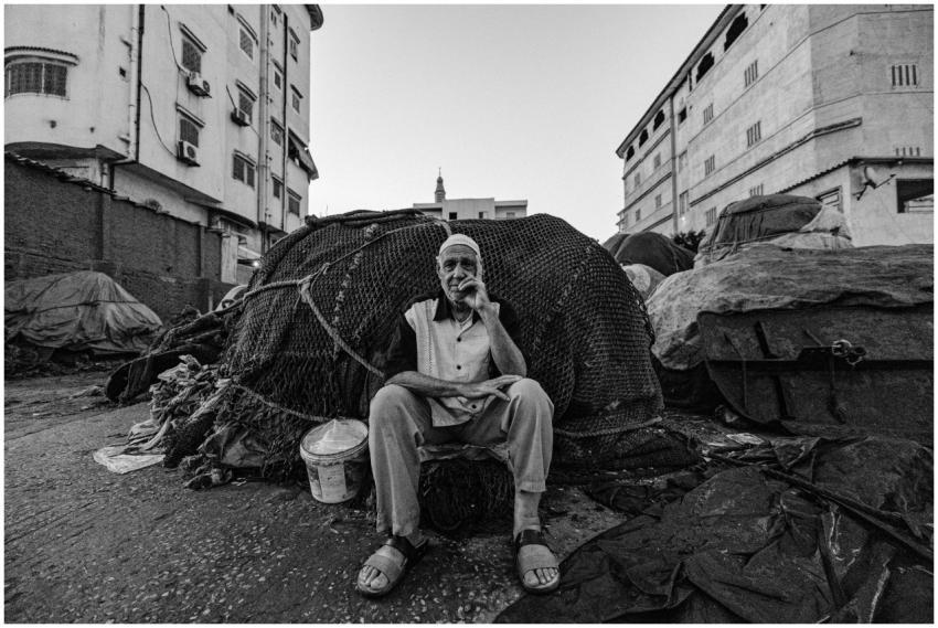 Black and white portrait of a fisherman in Ras El-
