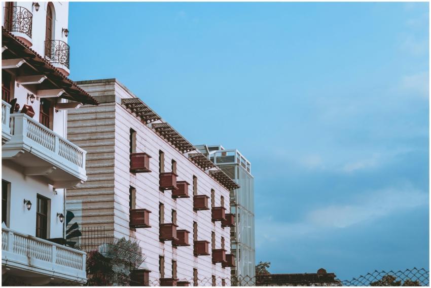Low-angle view of an elegant building with balconi