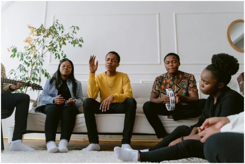 A diverse group of friends enjoying music together