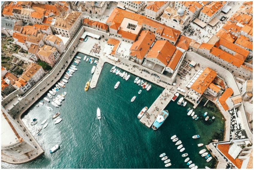 Breathtaking drone view of coastal town with tradi