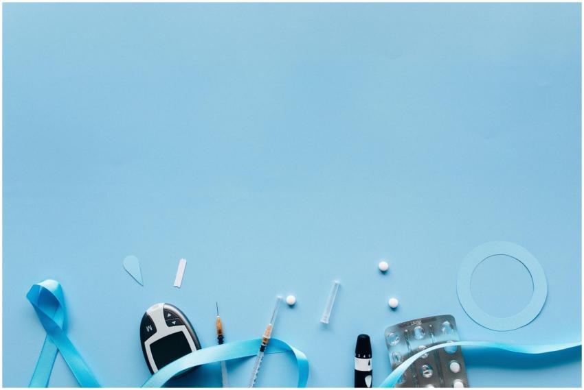 Flat lay of diabetes awareness items and medical t