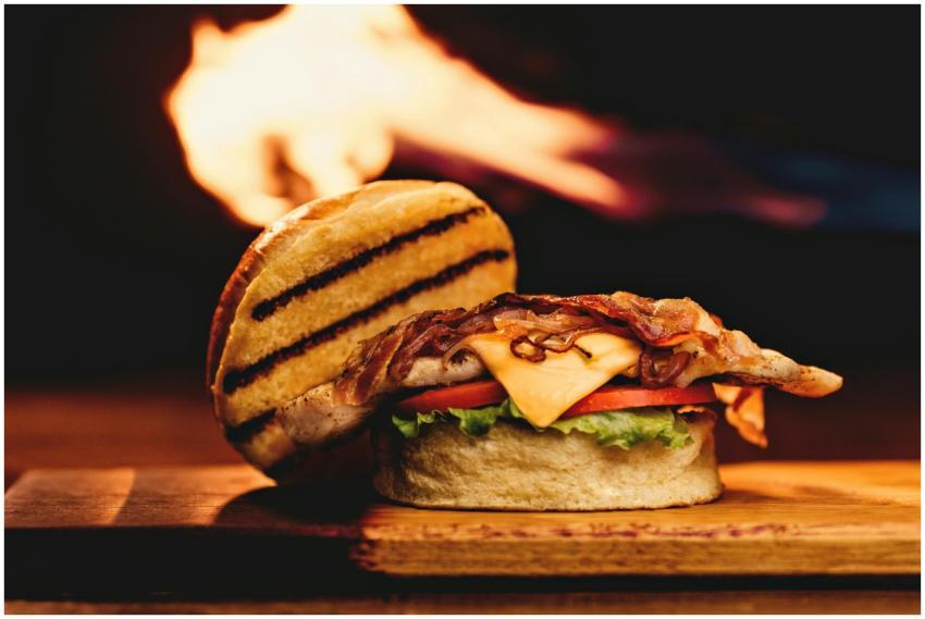 Close-up of a mouth-watering grilled bacon and che