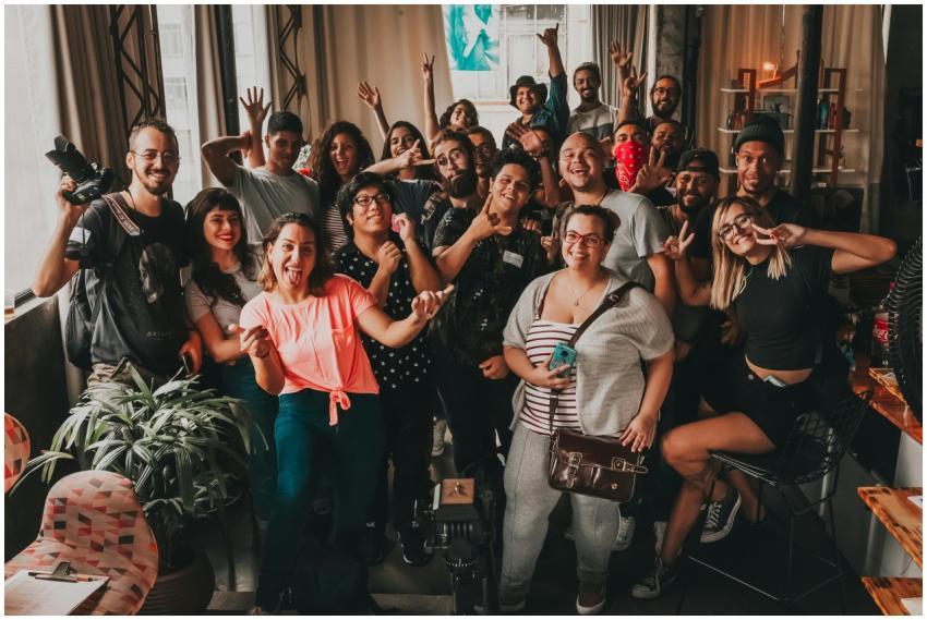 Diverse group enjoying a cheerful meeting indoors