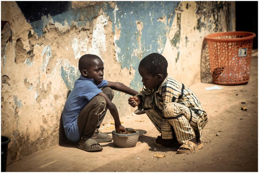Two boys share a meal outdoors, highlighting theme