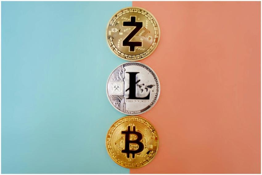 Colorful display of Zcash, Litecoin, and Bitcoin c