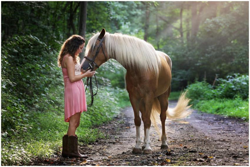 A young woman in a pink dress with a horse on a su