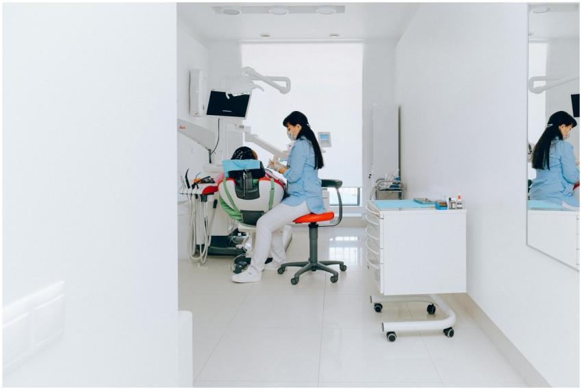 A dentist in a modern clinic performing a dental c