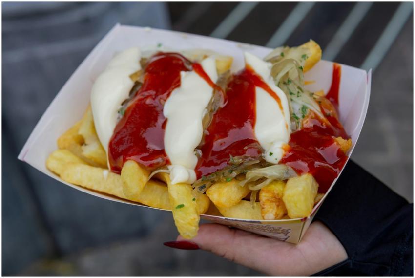 Delicious serving of French fries topped with ketc