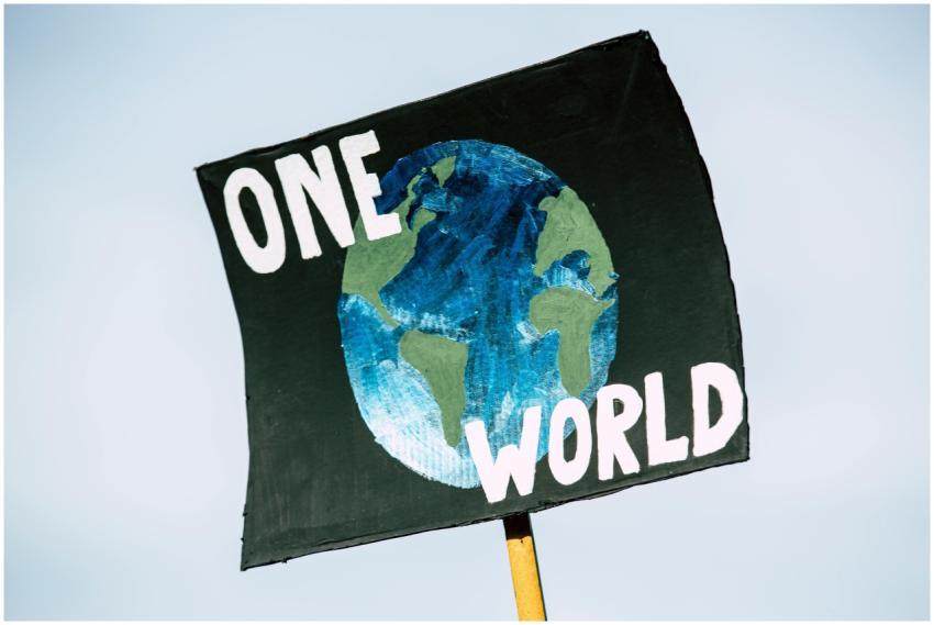 Close-up of a protest sign with Earth and 'One Wor