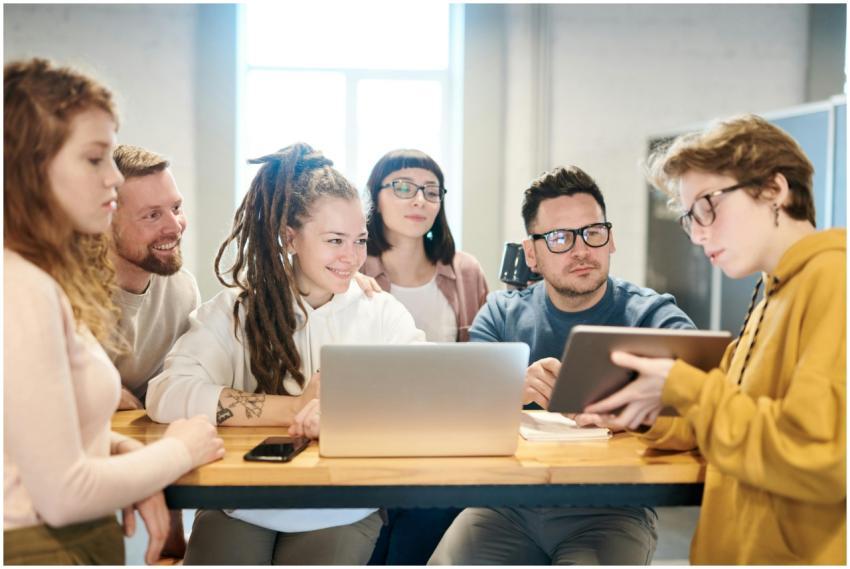 A diverse group of professionals engaged in a brai