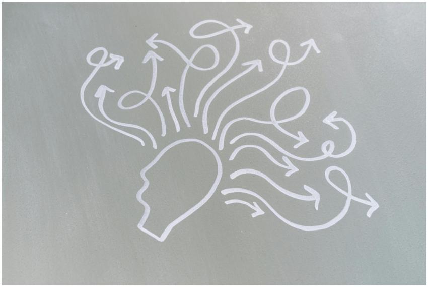 Chalk drawing of a head with swirling arrows repre