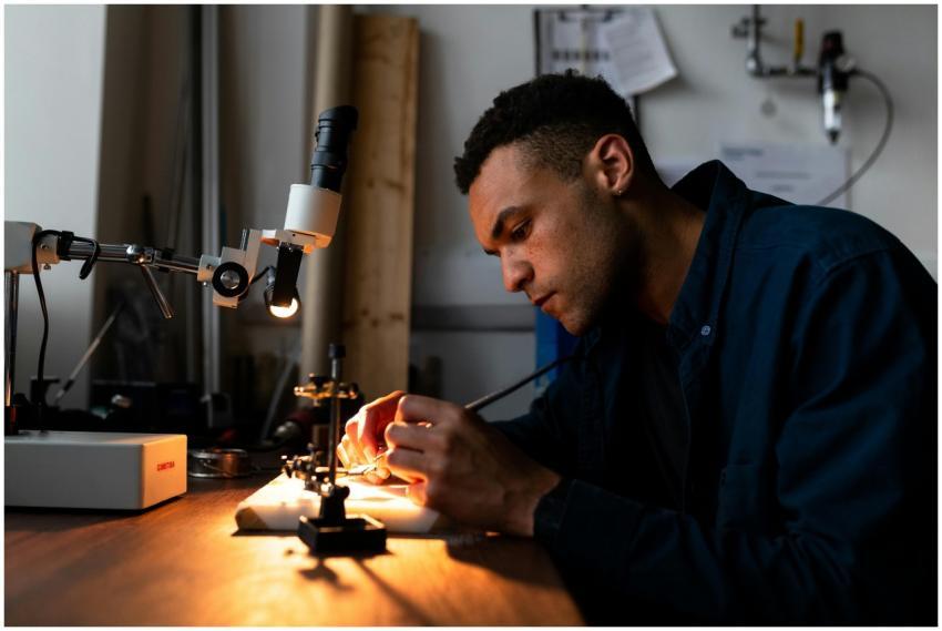 Engineer working with precision tools on electroni