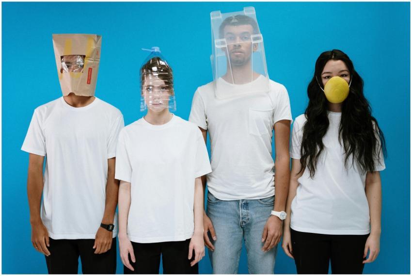 Humorous depiction of people wearing DIY masks as