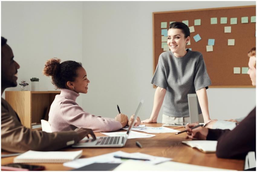 Business team collaborating in a modern office set