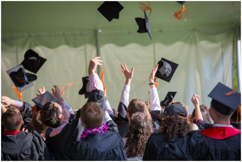 Group of graduates celebrating by tossing caps int