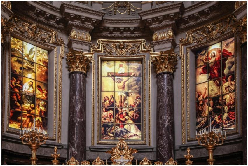 Intricate interior of a church with stunning stain