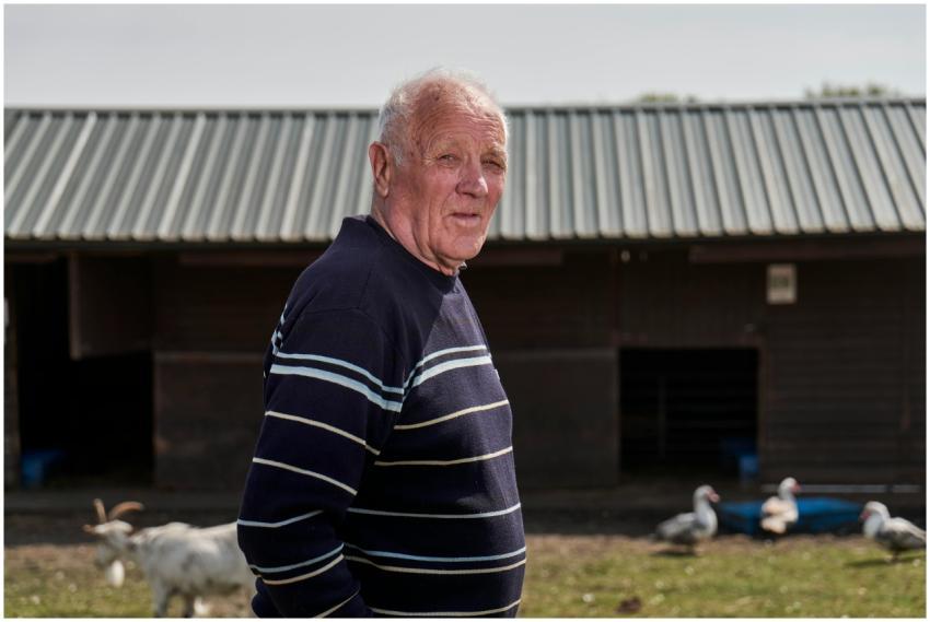 Senior farmer standing in front of a barn, surroun