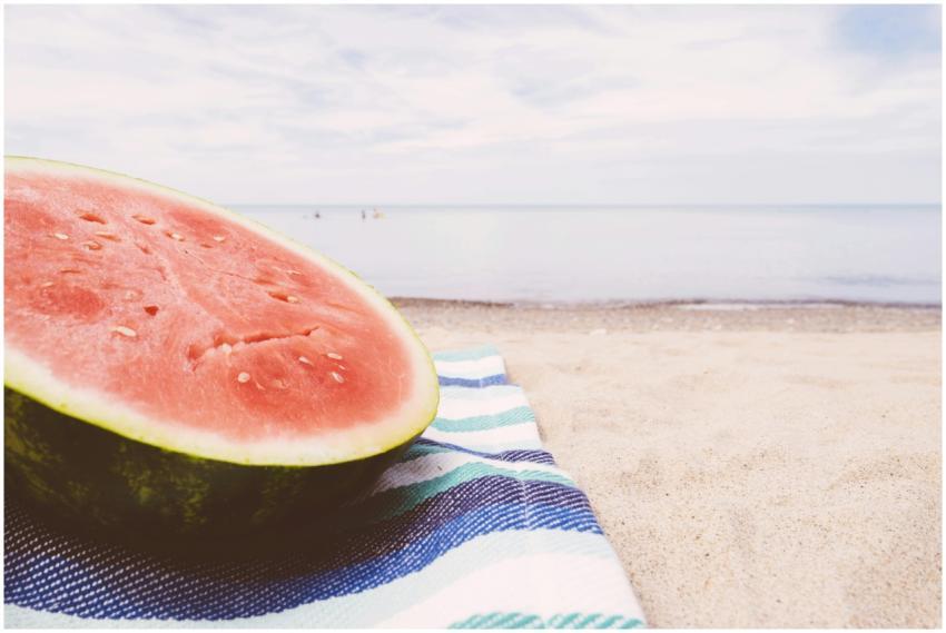 A juicy watermelon slice rests on a striped blanke