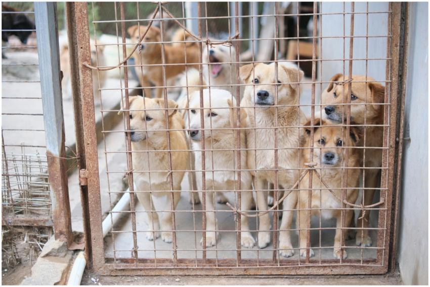 Multiple dogs in a shelter cage, highlighting the