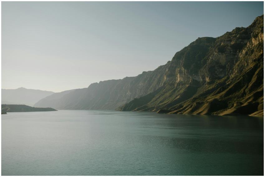 Peaceful lake with majestic mountains under clear