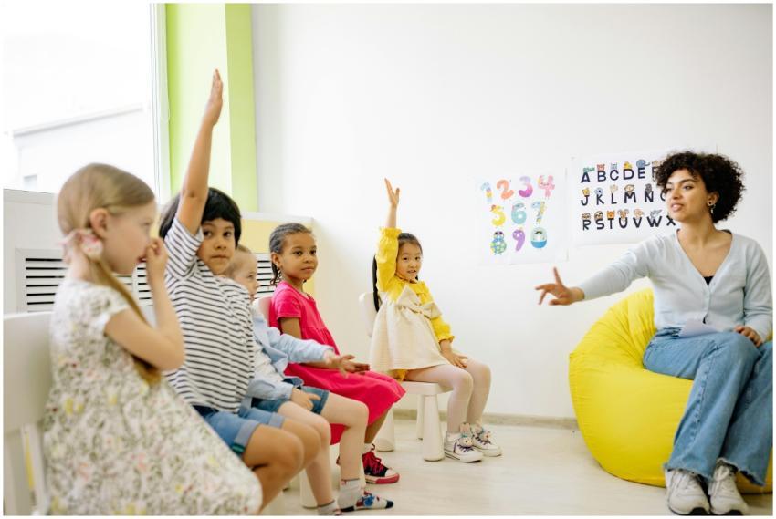 Children raising hands in classroom with a teacher