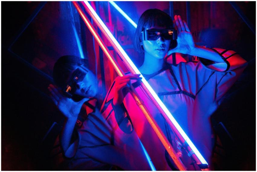 Vibrant cyberpunk portrait with neon lights and re