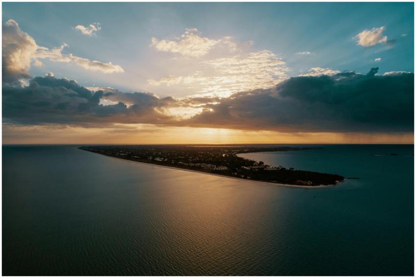 A breathtaking aerial view of an island during sun