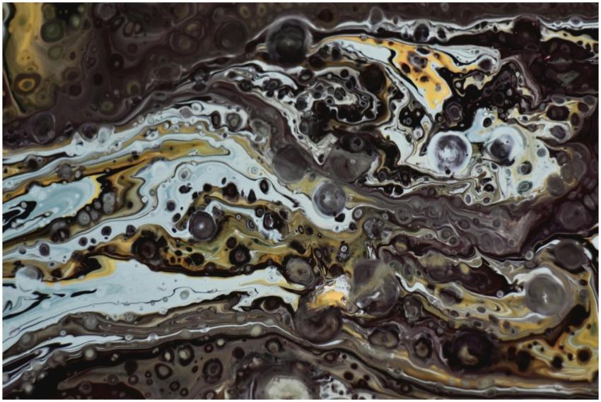 Vivid abstract painting with dynamic swirls and te