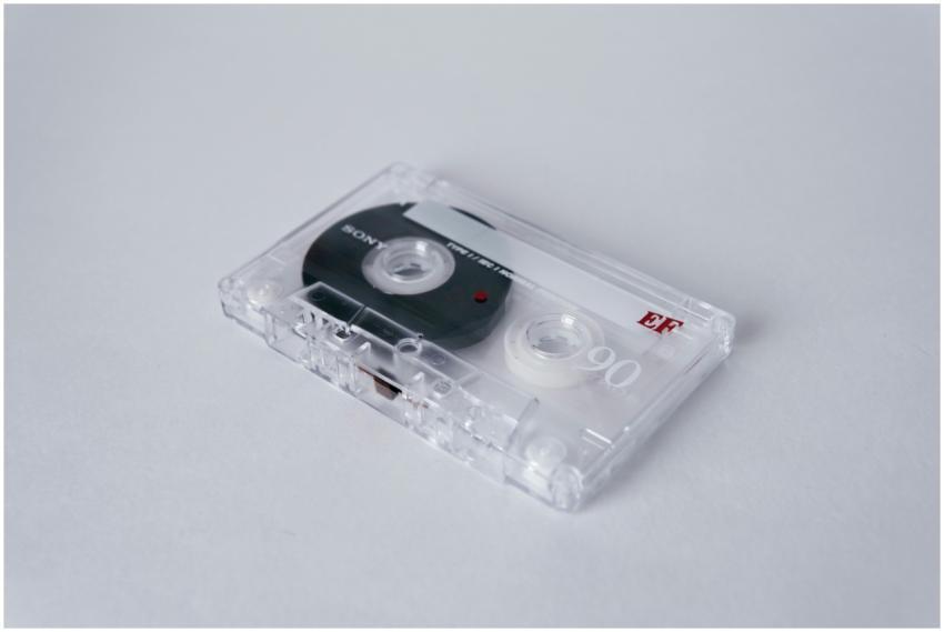 Close-up of a vintage cassette tape with clear cas