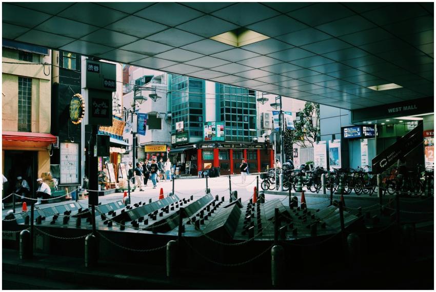 Busy Tokyo street with pedestrians, shops, and bic