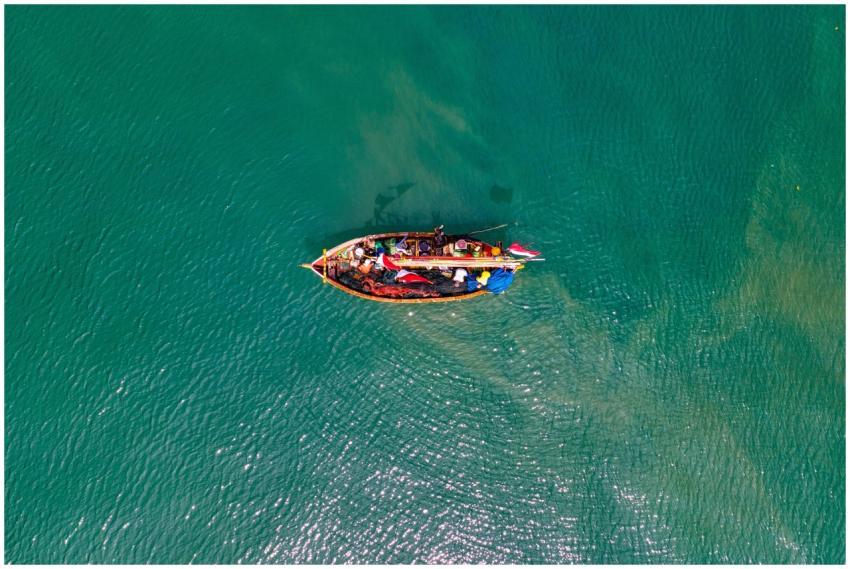 Top-down drone shot of a fishing boat navigating t