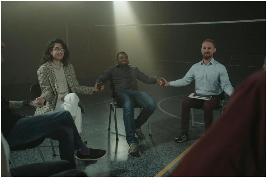 Diverse group of people in a therapy setting holdi