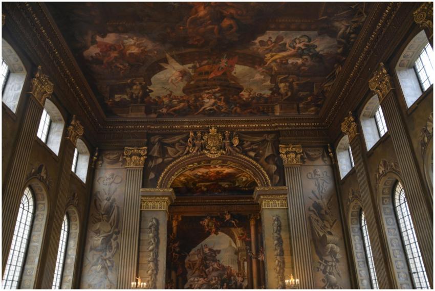 Luxurious interior with intricate ceiling artwork