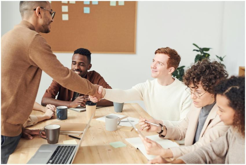 A diverse team in a modern office working together