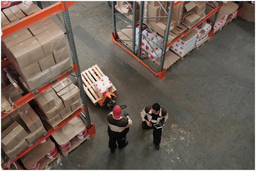 High angle view of warehouse workers organizing in