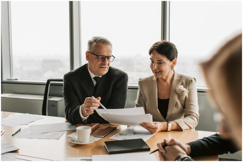 Senior business professionals discussing documents