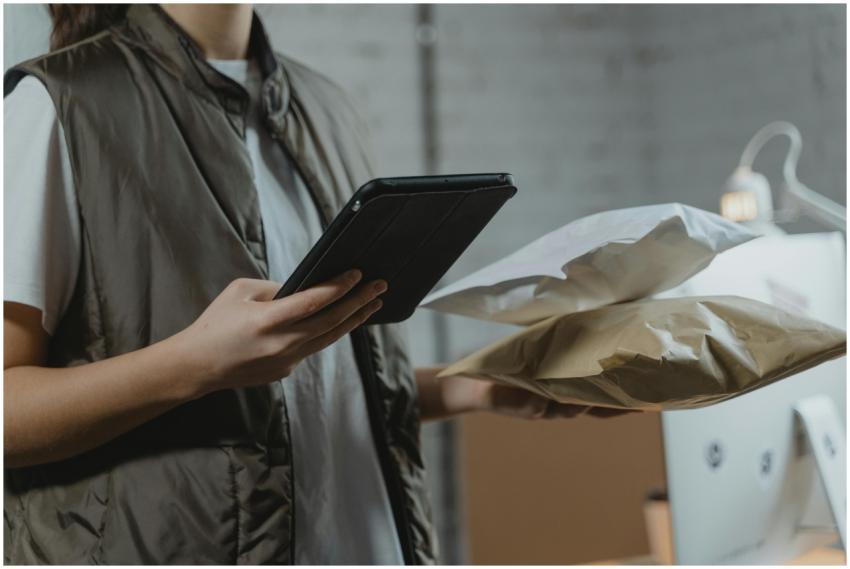 A person using a tablet to manage packages in an i