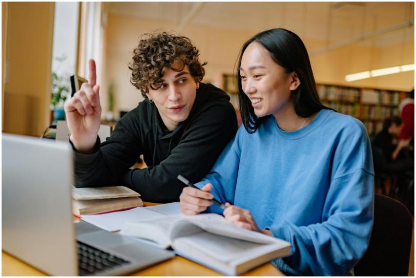 Two students collaborating on a study project in t