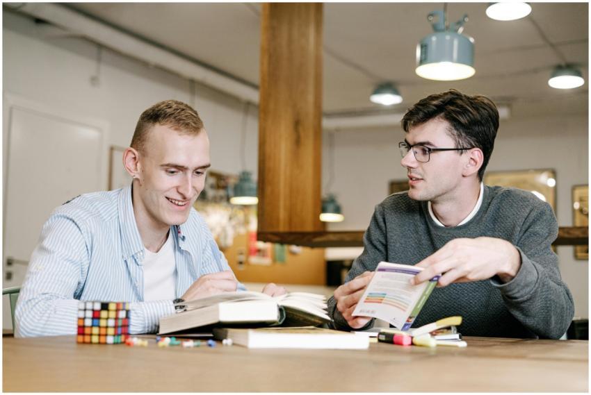 Two young men study together at a table, engaging
