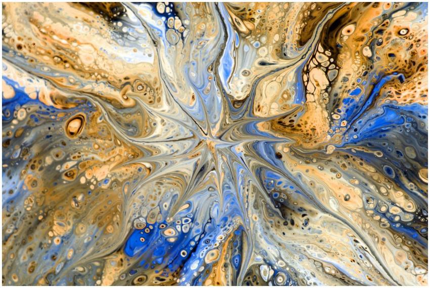 Dynamic fluid art in blue, gold, and beige tones c