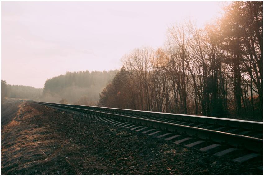 Foggy railway track through a misty autumn forest