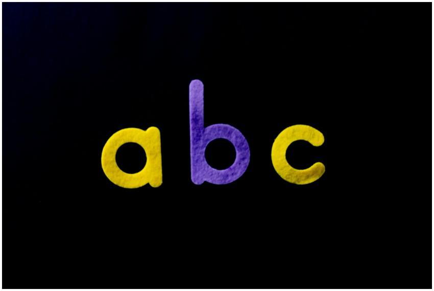 Vivid purple and yellow alphabet letters 'abc' on