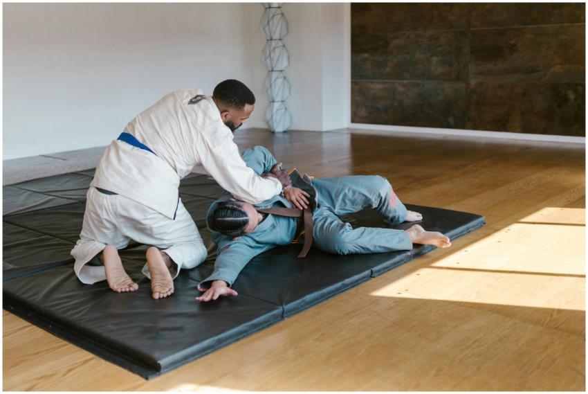 Two men practicing martial arts techniques indoors