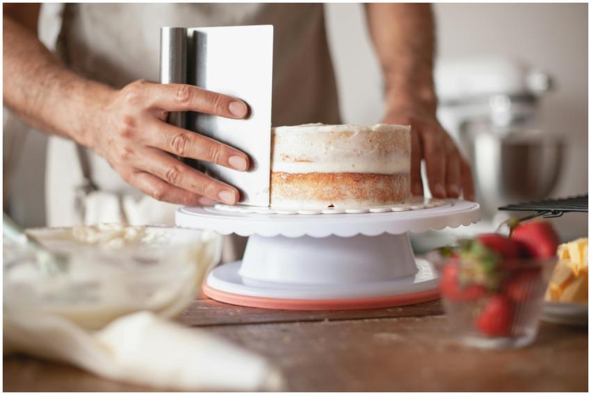 Close-up of a baker applying frosting on a fresh c
